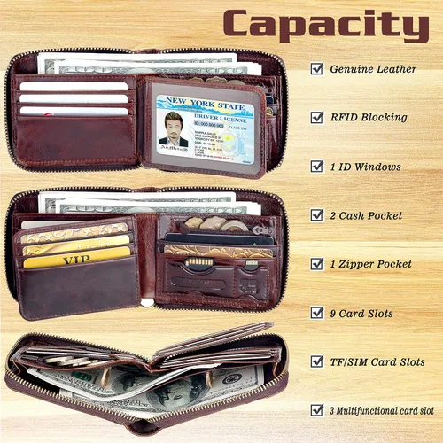 Miniatura 18 de Admetus - Cartera de piel auténtica para hombre con cremallera, plegable