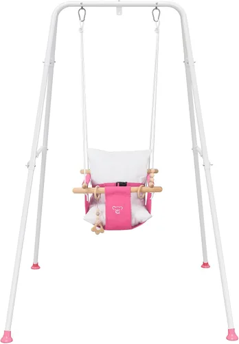 Columpio para bebé con soporte, juego de columpios para bebé, juego de columpios para interiores y exteriores con asiento acolchado de lona (rosa)
