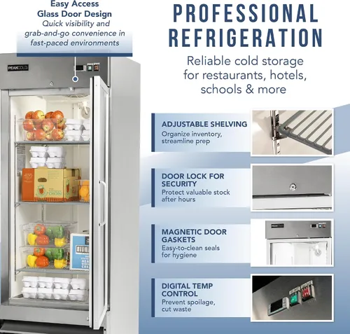 Miniatura 5 de PEAKCOLD Refrigerador comercial de una sola puerta de vidrio, 23 pies cúbicos, 29 "W Acero inoxidable Reach-In Vertical Refrigerador, Estantes