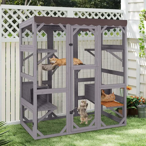 Miniatura 9 de Wooden Catio Outdoor Cat - Amplio condominio para gatos con 7 plataformas de escalada, 2 acogedoras casas de siestas, panel de ventana expandible