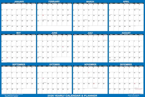 Miniatura 2 de 32" x 48" SwiftGlimpse - Calendario de pared 2026, borrable, grande XL, borrado en húmedo y seco, laminado, 12 meses, agenda anual, reversible, azul