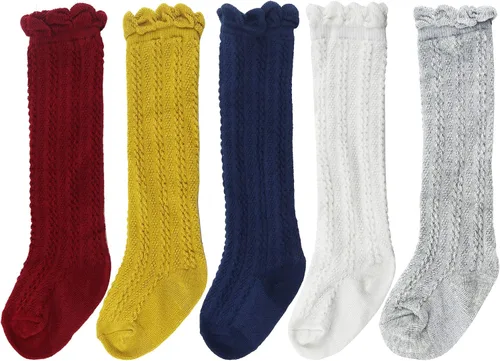 Miniatura 10 de Bestjybt Calcetines altos hasta la rodilla de algodón para bebés y niños pequeños, calcetines de punto trenzado con volantes, 5 pares