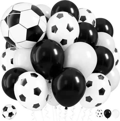 Globos de fútbol, globos de látex blanco y negro de 12 pulgadas con balón de fútbol de 22 pulgadas, globo de aluminio 4D para niños, decoración de