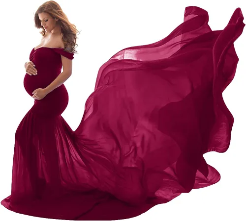 Vestido de maternidad con hombros descubiertos y cuello en V para mujer, vestido largo de gasa con cuello en V y ajuste elegante, para fotografía y