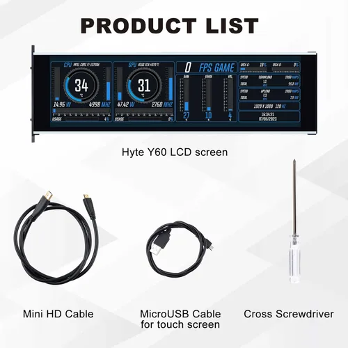 Miniatura 8 de GeeekPi monitor LCD táctil IPS de 12.6 pulgadas FHD 1920x515, pantalla de visualización, compatible con la carcasa de PC Hyte Y60, CPU, GPU, panel