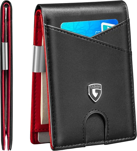 GSOIAX Cartera delgada de cuero plegable RFID para hombre, cartera minimalista con bolsillo frontal con clip para dinero, 12 ranuras para tarjetas,