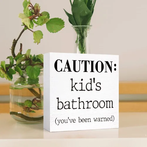 Miniatura 4 de Letrero de madera para baño de niños, divertido letrero de madera de precaución para el baño de niños, estante de baño, estantes de baño, decoración