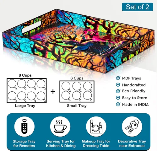Miniatura 3 de Crocon Juego de 2 bandejas rectangulares decorativas con estampado esmaltado de Buda, color negro