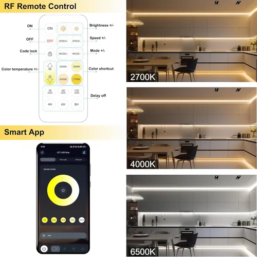 Miniatura 2 de AXMOTUT CCT Tira de luces LED COB, 65.6 pies Tira de luz LED blanca regulable 2700K-6500K 24V, tiras LED de alta densidad CRI 90+ con control remoto