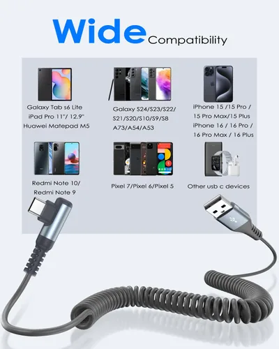 Miniatura 6 de Cable USB C en espiral de 3.3 pies, cable USB A a USB C para automóvil, cable de carga rápida para iPhone 17 16 15 Pro Max Plus Samsung Galaxy S26