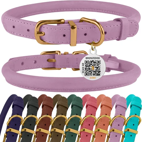Collar de cuero enrollado, redondo, suave y ajustable con placa de identificación por QR para perro pequeño, mediano y grande, cachorro y gato