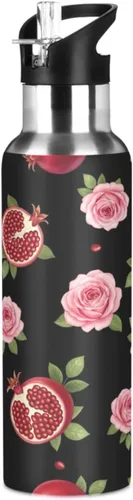 Pink Roses Black Insulated Stainless Steel Water Bottle with Straw 20 Oz, BPA-Free Sport Water Bottle Leakproof Water Bottles