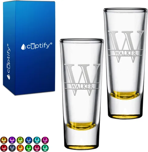 Miniatura 59 de Vaso de chupito personalizado con fondo verde azulado personalizado de 2 oz, vasos de chupito cordial con inicial en script dividido y nombre