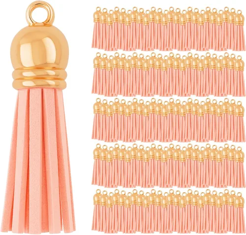 Miniatura 46 de Mandala Crafts 100 borlas de gamuza sintética color aguamarina con tapa dorada, suministros para hacer llaveros a granel, pequeñas borlas de cuero