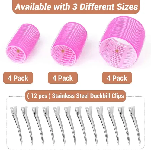 Miniatura 2 de Juego de rulos de cabello de autoagarre, 24 piezas con 3 tamaños (4 jumbo, 4 grandes, 4 medianos) y 12 clips para volumen en cabello largo, corto