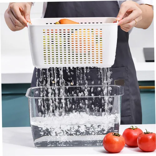 Miniatura 9 de Colador de lavado de arroz crujiente, cesta de lavado de verduras, doble capa, cuenco de lavado de verduras, bandeja de lavado de verduras, colador