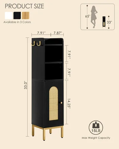 Miniatura 2 de Gabinete de Almacenamiento para Baño, Pequeño Mueble de Esquina de Piso con 2 Ganchos, Gabinete Estrecho para Papel Higiénico con Puerta de Ratán