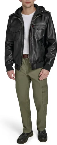 Miniatura 2 de Levi's Men's Faux Leather Aviator Bomber Jacket With Jersey Bib and Hood