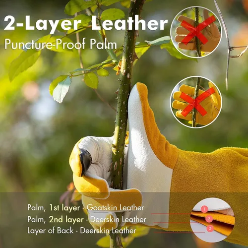Miniatura 3 de Guantes de jardín para mujeres/hombres, a prueba de espinas, gamuza de piel de ciervo, 2 capas de cuero para poda de rosas, guantes largos