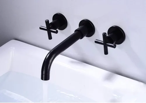 Miniatura 5 de Grifo de baño de montaje en pared, latón antiguo, tres agujeros, montado en la pared, grifo de lavabo con válvula áspera, boquilla giratoria 360, 2