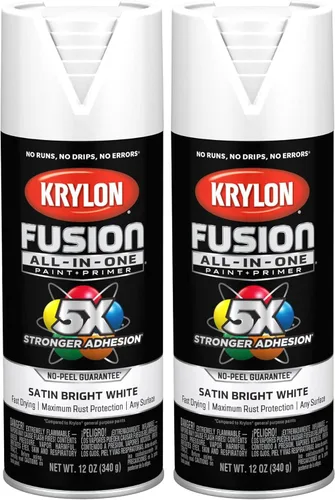 Krylon K02734007 Fusion - Pintura en aerosol todo en uno para interiores y exteriores, color blanco brillante satinado, 12 onzas (paquete de 2)