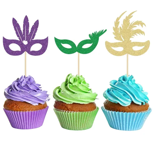 Miniatura 17 de Gyufise 24 máscaras de mascarada para cupcakes con purpurina para despedida de soltera, para cupcakes, comida y frutas, baile de máscaras, Mardi