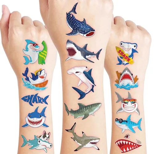 96 tatuajes temporales precortados de tiburón para niños | Recuerdos de fiesta de cumpleaños con temática de tiburón súper lindo, suministros,