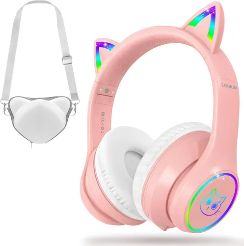 LOBKIN - Auriculares Bluetooth 5.4 para niños con estuche - Orejas de gato plegables con luz LED RGB ajustables y supraaurales, soporte para modo