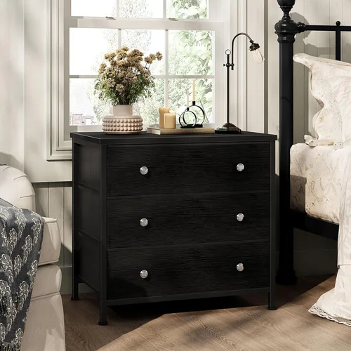 BOLUO Mesita de noche negra con cajones de tela, mesita de noche grande de 3 cajones para dormitorio, armario, niños, niñas moderna