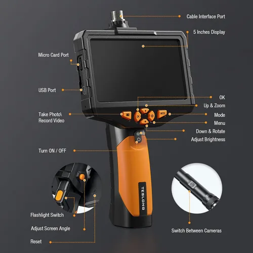 Miniatura 7 de Teslong - Cámara de inspección de triple lente con boroscopio profesional, con luz, cámara de alcance de video digital, pantalla IPS de 5 pulgadas
