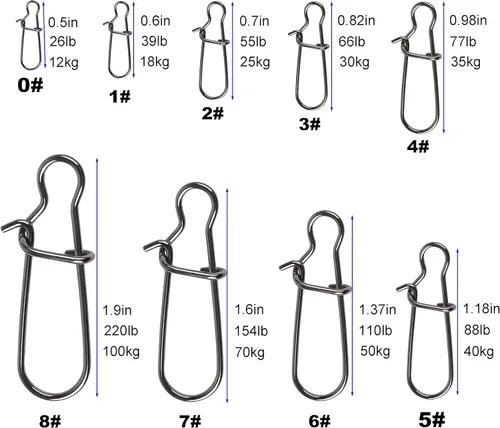 Miniatura 2 de Paquete de 100 broches de doble bloqueo tamaño 0-8, anillos sólidos de acero inoxidable negros, kit de aparejos de pesca con broche giratorio