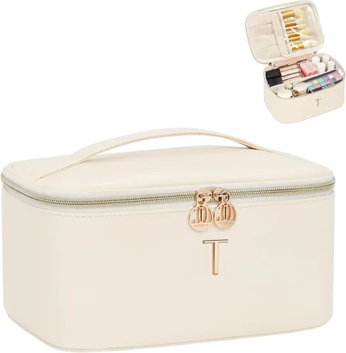 Miniatura 55 de OCHEAL Bolsa de maquillaje personalizada, bolsa de maquillaje beige para mujer, kit de aseo de viaje con monograma, organizador de cosméticos listo