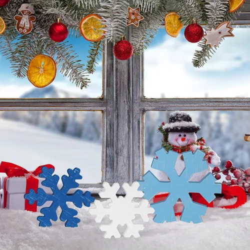 Miniatura 4 de Bucherry 3 Piezas Decoración de Copos de Nieve de Madera de Invierno Letreros de Mesa de Copos de Nieve de Invierno Rústicos Bloques de Madera