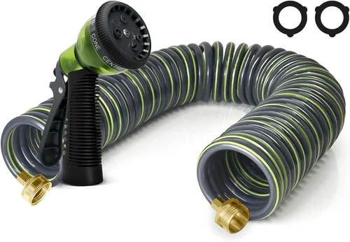 Miniatura 13 de Manguera de jardín de bobina de EVA de 25 pies con conector de latón de 3/4 pulgadas, manguera de agua en espiral, ligera y sin torceduras, incluye