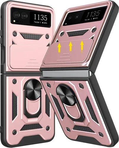 Miniatura 13 de Funda para Motorola Razr 2023 con cubierta de cámara y soporte, protección de lente deslizante + soporte de anillo giratorio de 360°, resistente a
