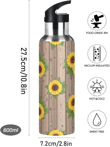 Miniatura 9 de Sunflowers Rustic Wooden Insulated Water Bottle 20 Oz Leakproof Water Bottles, BPA-Free Sports Water Bottle with Straw