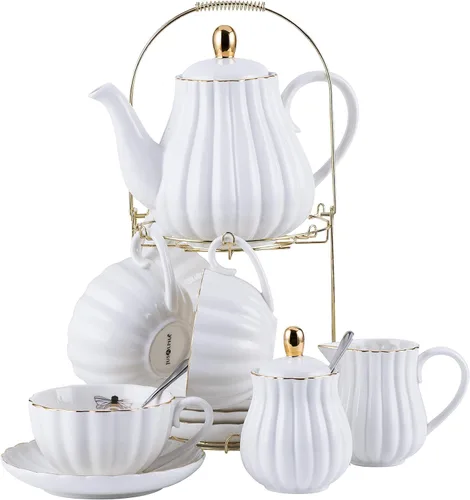 Miniatura 18 de Jusalpha Fine China Juego de Taza de Café/Taza de Té Morada de 8 OZ, Platillo, Cucharas, Tetera y Cremera, 17 Piezas (Juego FD-TW17PC, Morado)