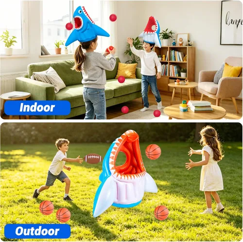 Miniatura 5 de Juguetes de juego de piscina, flotadores de piscina, juguetes de agua de tiburón 3 en 1 inflables de baloncesto y juegos de pelota de fútbol y aro