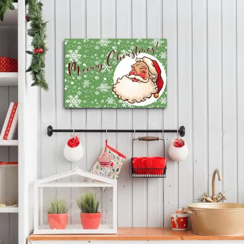 Miniatura 3 de Renditions Galley - Arte de pared de Papá Noel de dibujos animados, fondo de copo de nieve verde y blanco, decoraciones de Navidad lindas y frescas