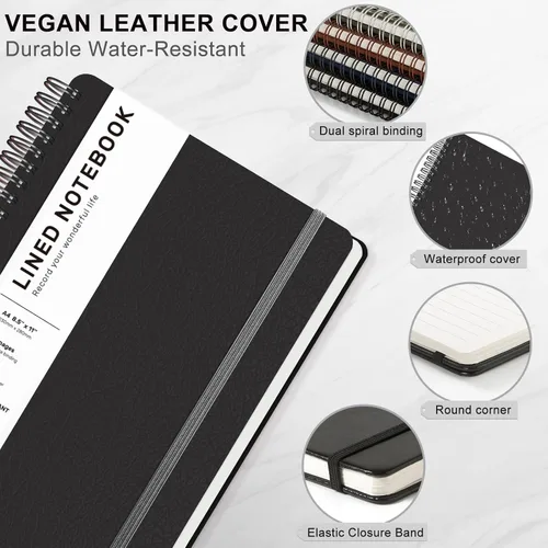 Miniatura 4 de Cuaderno de diario forrado en espiral, cuaderno A4 de cuero de tapa dura para el trabajo, 8.5 x 11 pulgadas, cuadernos de papel grueso de 100 GSM
