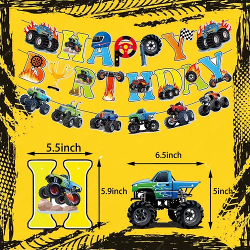 Miniatura 3 de Decoraciones de cumpleaños de Monster Truck incluyen 2 manteles, pancarta de cumpleaños, remolinos colgantes, calcomanías y guirnalda (Monstertruck)