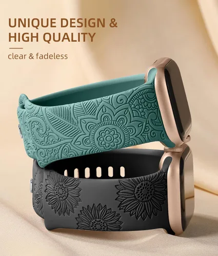 Miniatura 3 de Odbeai Correa deportiva de silicona suave con grabado floral compatible con Apple Watch de 1.496 pulgadas, 1.575 pulgadas, 1.614 pulgadas, 1.654
