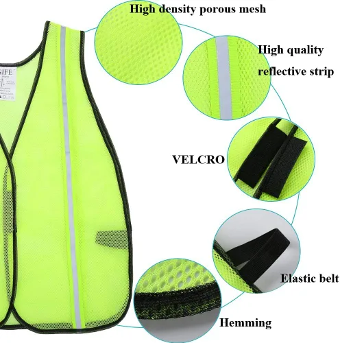 Miniatura 3 de SIFE Chaleco de seguridad reflectante de alta visibilidad con tiras reflectantes de 1 pulgada, hecho de tela de malla transpirable y amarilla neón
