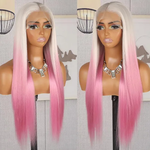 Miniatura 22 de QD-Tizer Pelucas de cabello sintético con encaje frontal de 13 x 6 pulgadas, sin pegamento, color rojo vino, color burdeos, pelucas de cabello largo