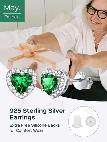 Miniatura 5 de ChicSilver Aretes de plata de ley 925 con forma de corazón, redondo, pera, esmeralda, piedra natal con halo para mujer, joyería de cumpleaños