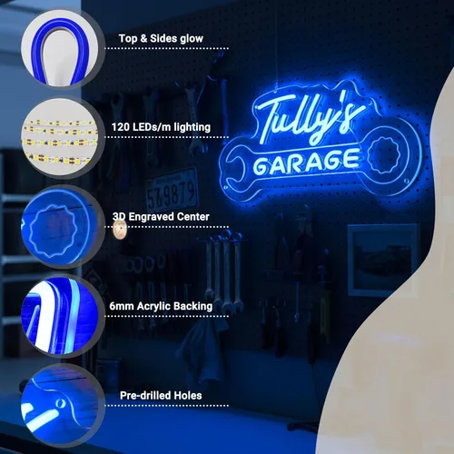 Miniatura 3 de Letrero de neón personalizado para garaje, letrero de luz LED personalizado con forma de llave inglesa, decoración de pared de taller de mecánica