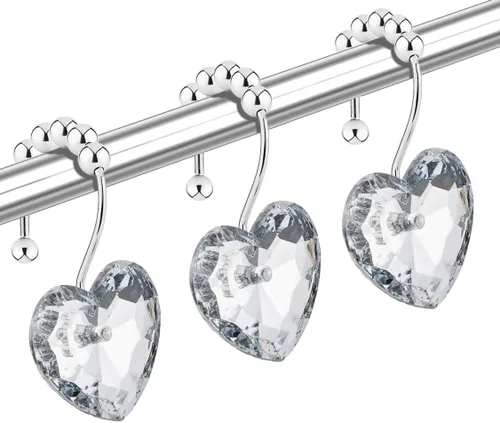 Miniatura 10 de Ganchos de cortina de ducha de cristal negro con diamantes para baño, 12 unidades, anillos de acero inoxidable plateados a prueba de óxido, colgador