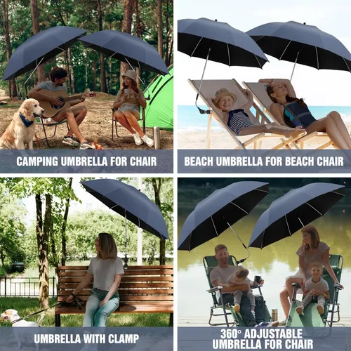 Miniatura 5 de Paquete de 2 paraguas de playa con abrazadera, paraguas ajustable de 360° para silla, paraguas UPF50+ para silla de playa, silla de patio, silla