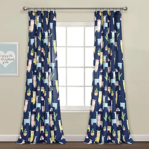 Lush Decor Southwest - Panel de cortina de ventana de cactus llama, par, 52 pulgadas de ancho x 84 pulgadas de largo, azul marino y amarillo,