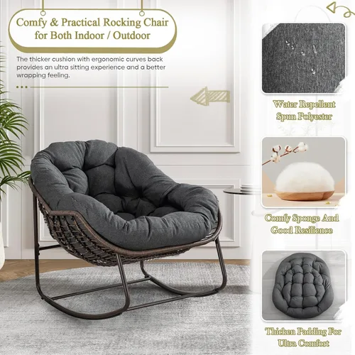 Miniatura 4 de Antetek Silla mecedora para patio al aire libre, cómoda silla de mimbre con cojín acolchado, mecedora de gran tamaño para interiores y exteriores